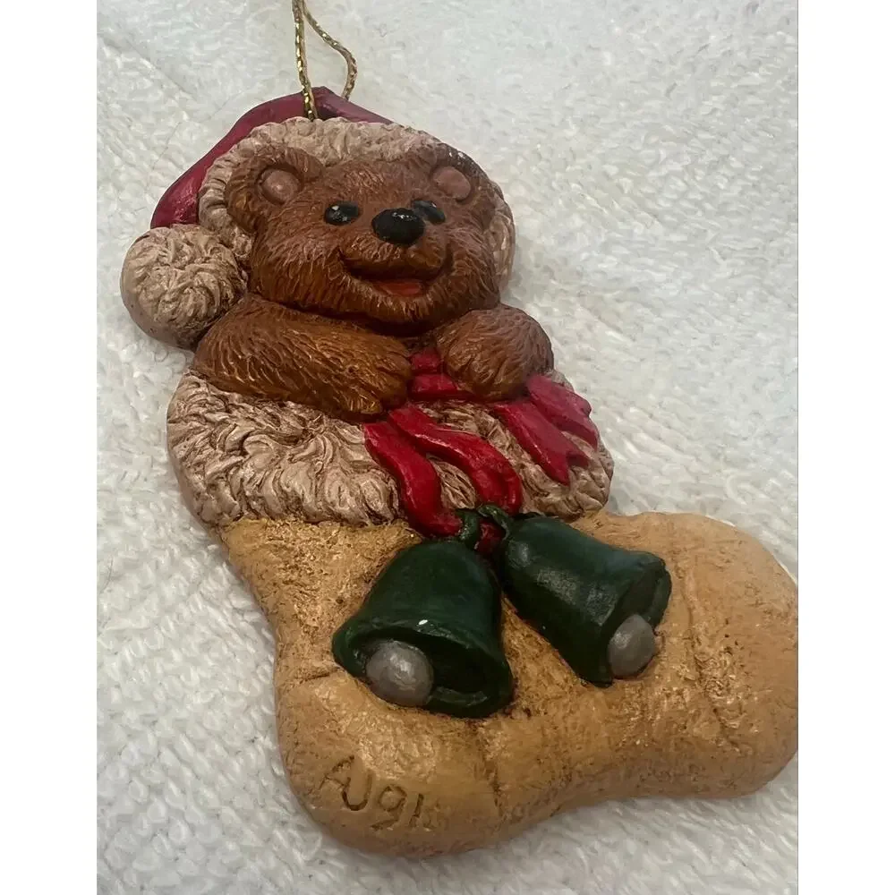 Sherry McNeil Signed Christmas Ornament Lot of 2 Teddy Bear & Cat 90s  Folk Art